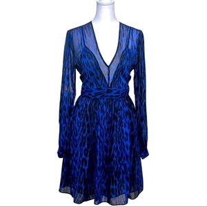 Michael Kors Blue Animal Print Long Sleeve Dress V-Neck Empire Waist Party Sz 6